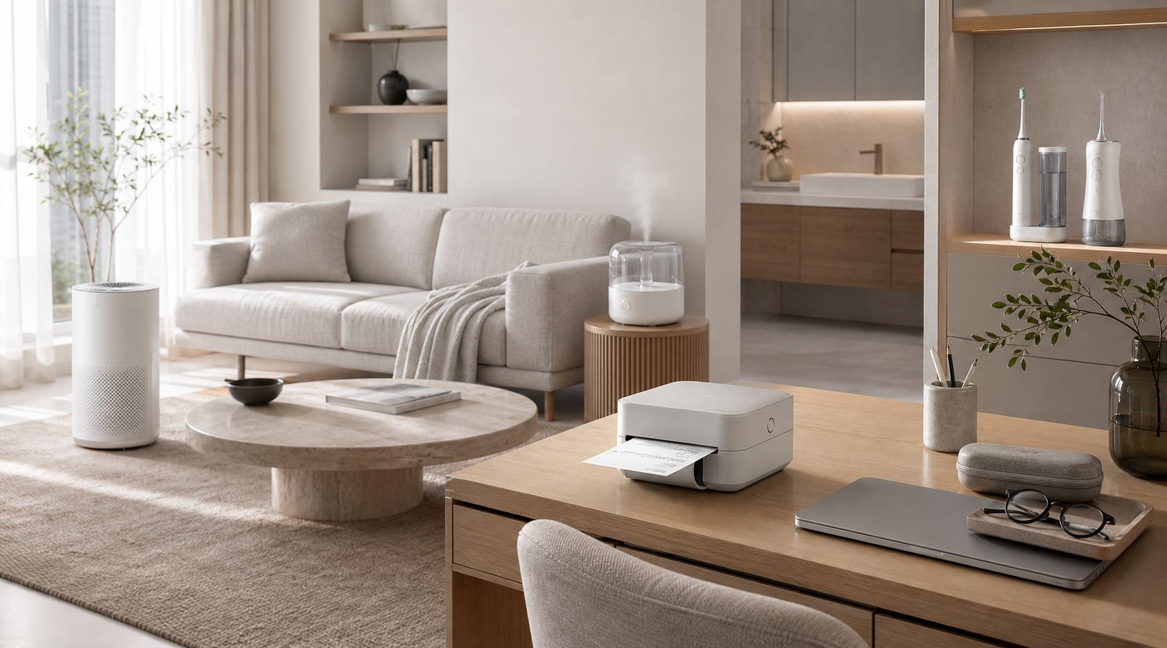 Travel wellness glasses styled in a calm modern home scene
